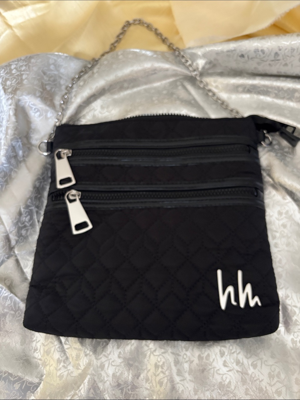Nicole Miller Black Quilted Crossbody with Silver Chain